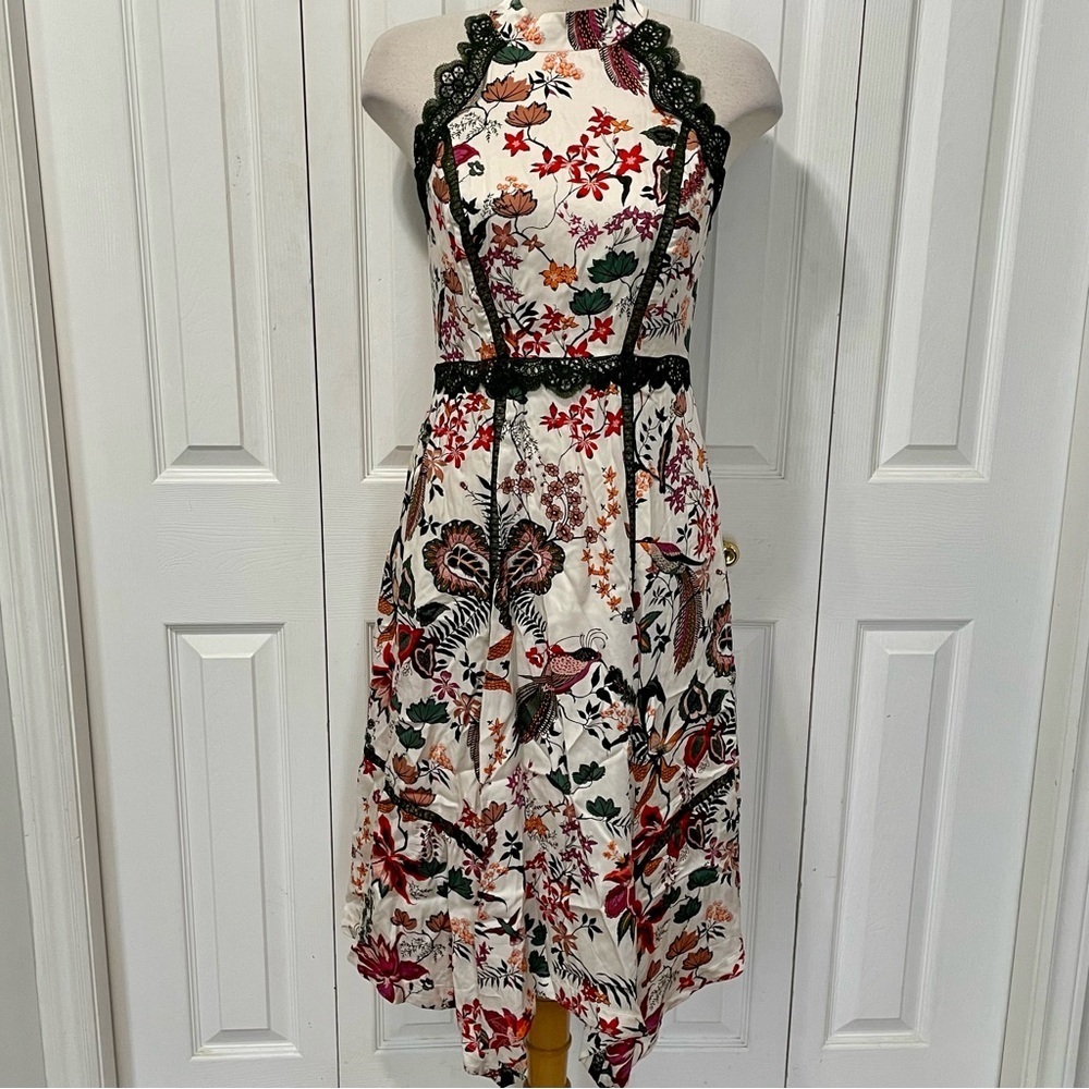 Anthropologie Multicolor Floral Sleeveless High Collar Dress with Lace Details